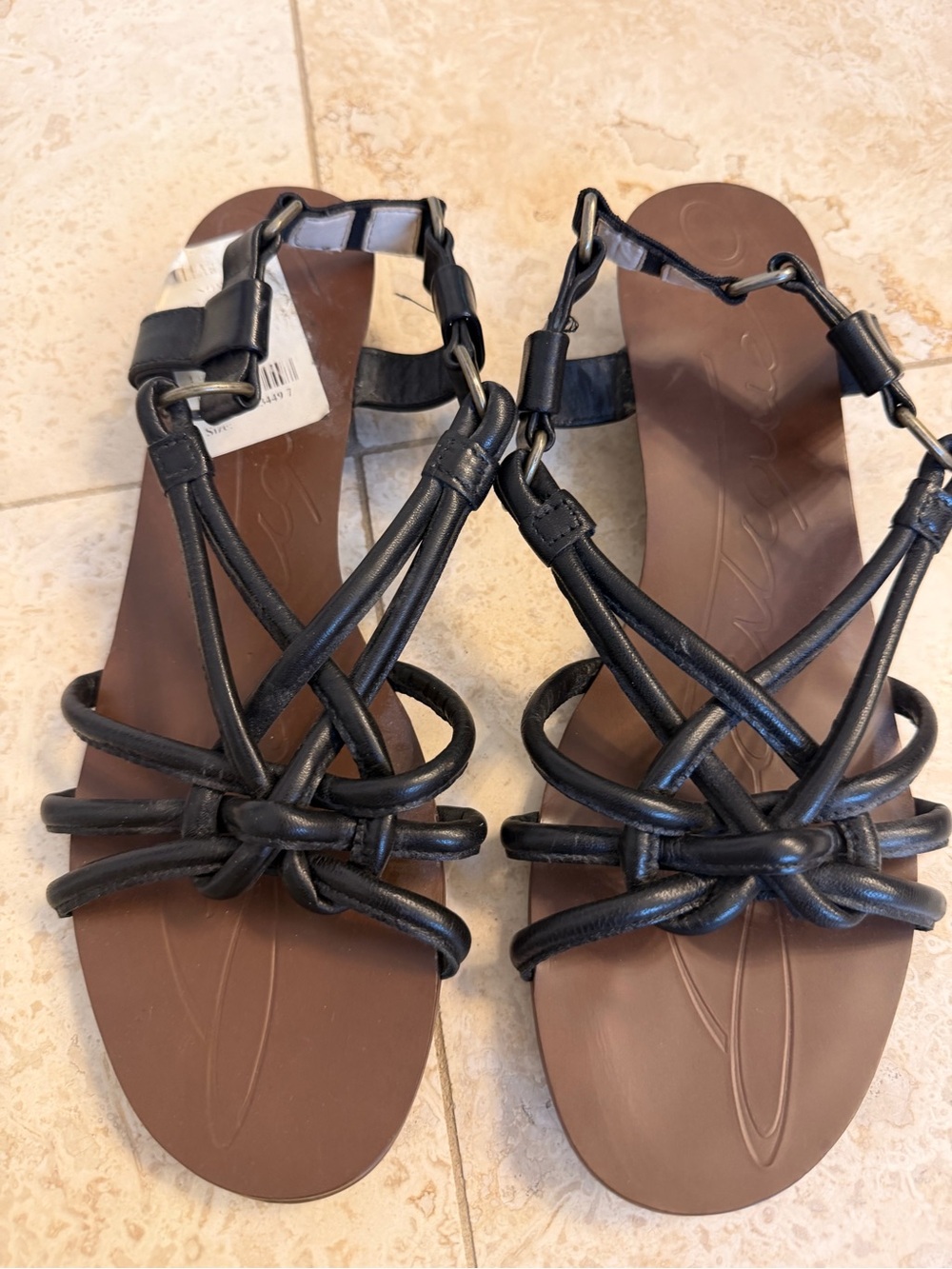 Boutique 9 Black Strappy Knot Sandals with Brown Footbed